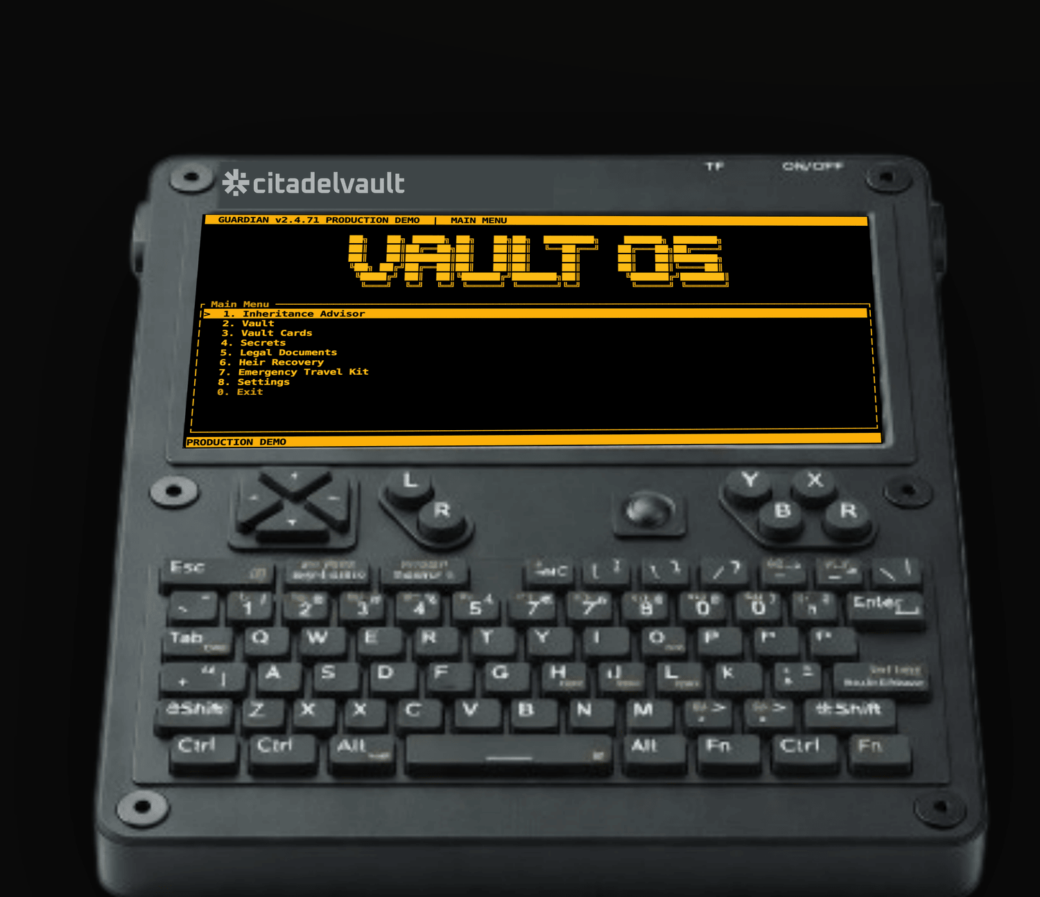 The Citadel Vault device showing the Vault OS main menu
